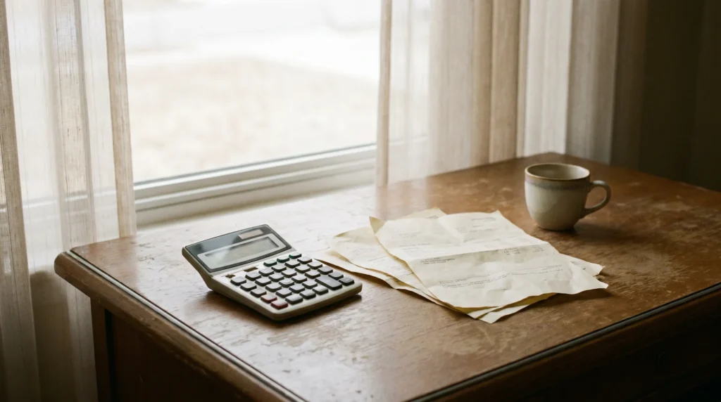 Calculatrice et relevés de crédits posés sur un bureau près d'une fenêtre