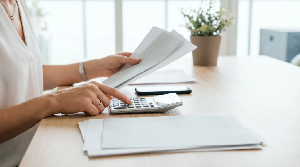 Mains calculant une mensualité de rachat de crédits avec relevés bancaires