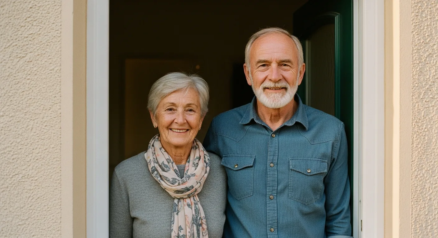Couple senior devant sa maison envisageant une vente à terme