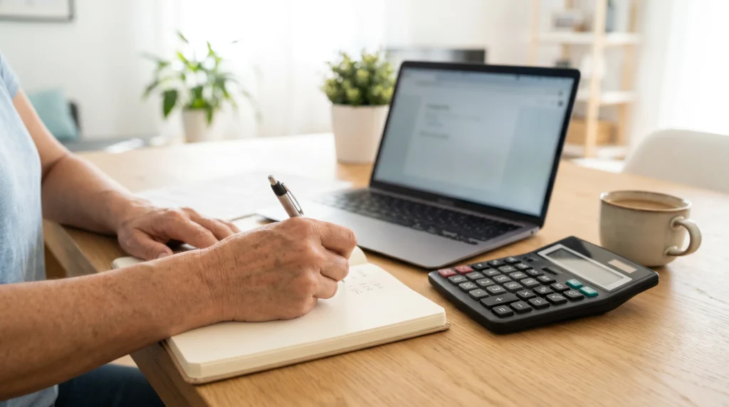 Mains écrivant un exemple chiffré de rachat de crédits à côté d'une calculatrice