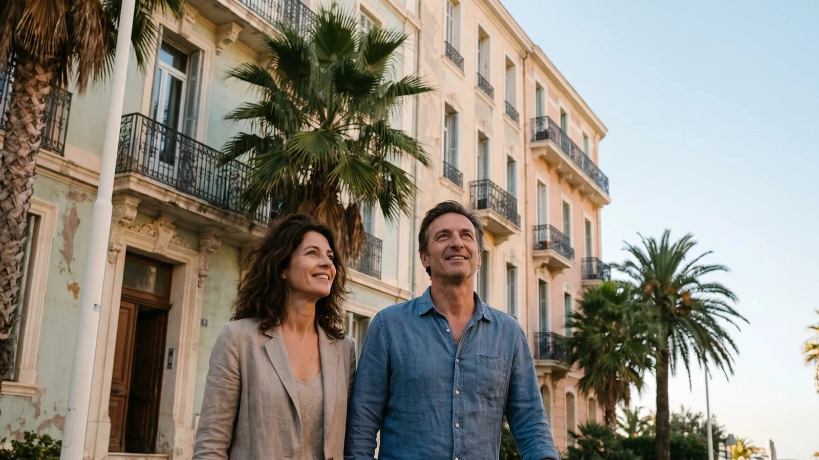Couple de propriétaires devant leur logement à Nice, rachat de crédits 100 % en ligne avec C-rédit