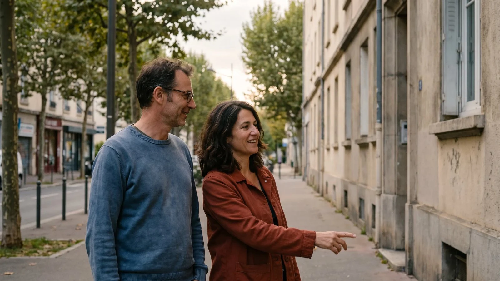 Couple de propriétaires devant leur logement à Villeurbanne, rachat de crédits 100 % en ligne avec C-rédit