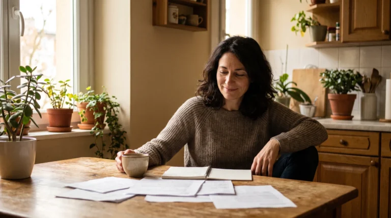 Emprunteuse souriante consultant ses documents de rachat de crédit dans sa cuisine lumineuse