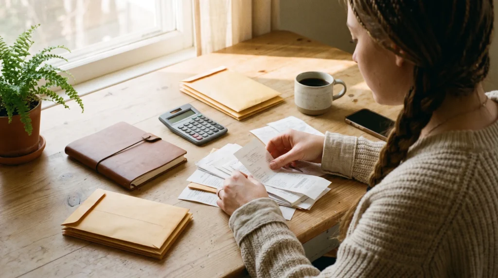 Tri des factures et charges fixes du budget avec calculatrice et carnet