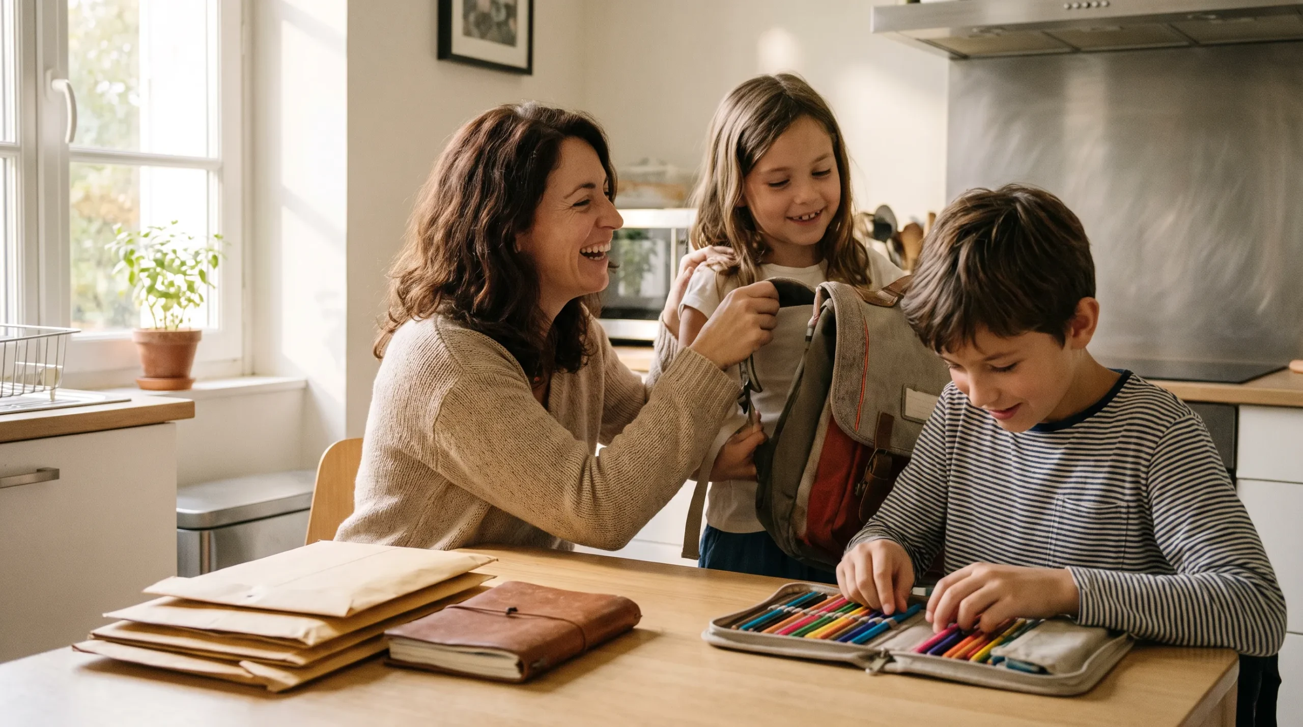 Mère de famille préparant la rentrée scolaire avec ses deux enfants dans la cuisine