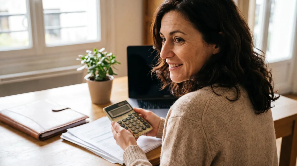 Femme 45 ans concentrée analysant un tableau d'amortissement pour repérer un piège de TAEG
