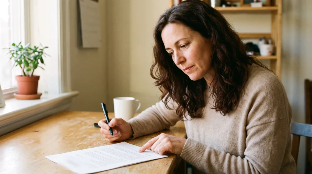 Femme relisant attentivement son contrat de rachat de crédit avant de signer