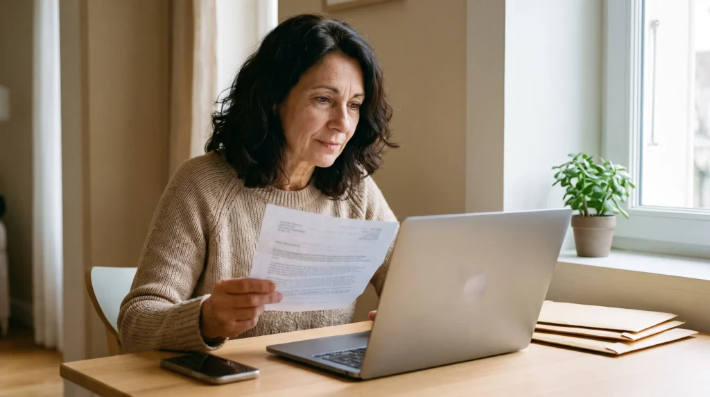 Femme vérifiant les coordonnées ORIAS de son courtier en rachat de crédit