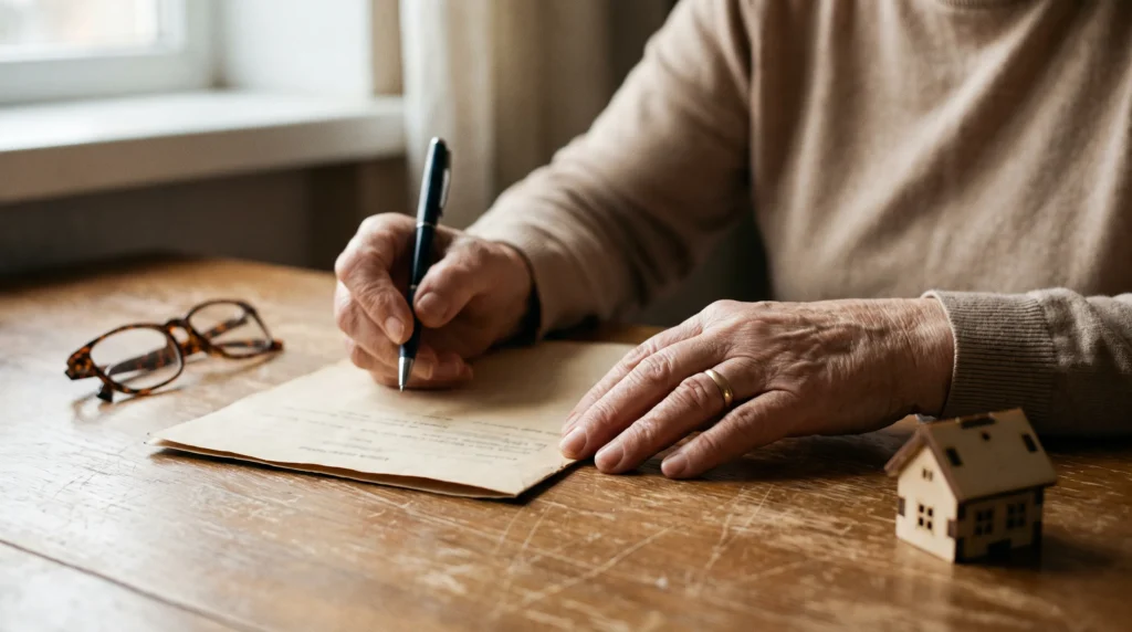 Mains d'une emprunteuse senior signant un document de prêt viager hypothécaire chez le notaire