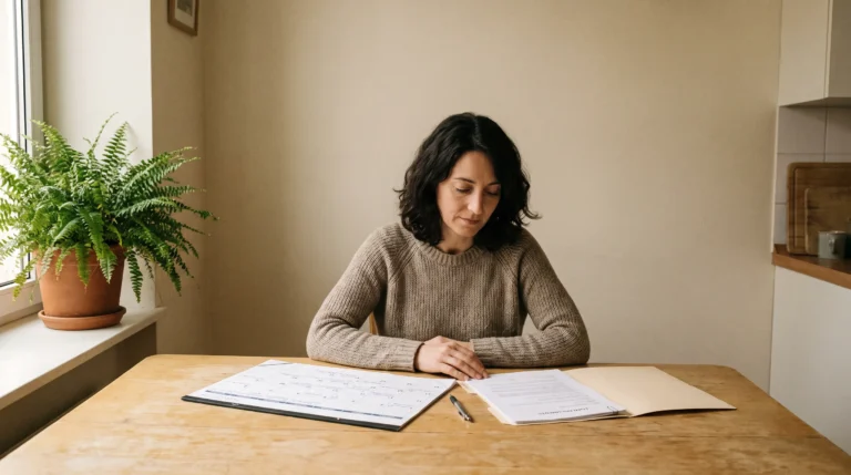 Femme consultant un calendrier à côté de son dossier de rachat de crédits