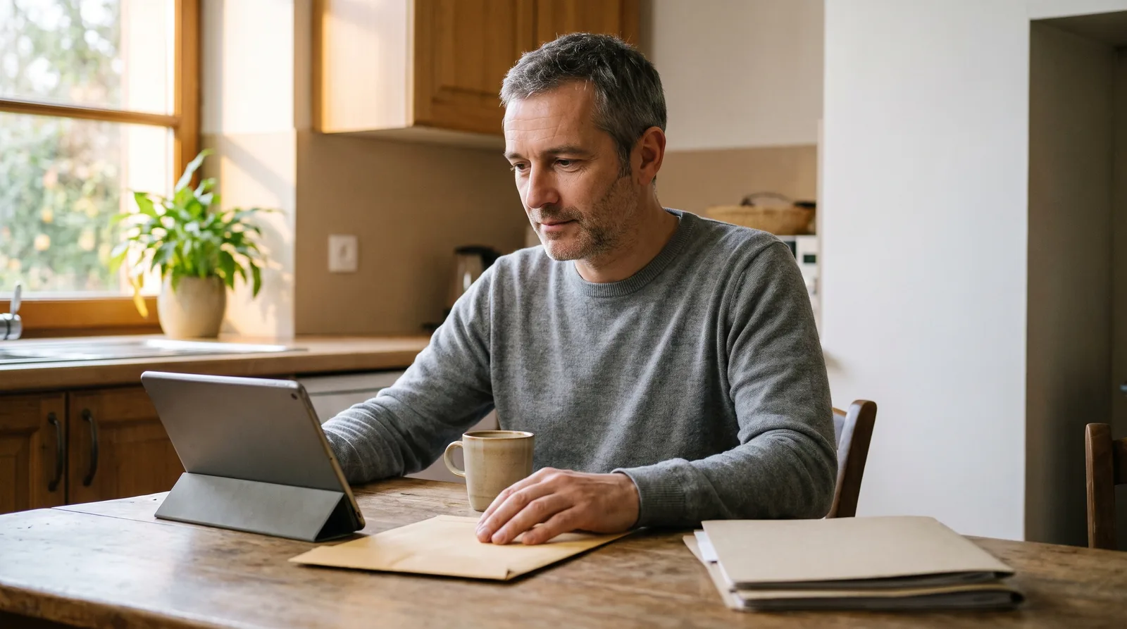 Homme de 45 ans vérifiant les conditions de son rachat de crédits sur sa tablette à sa table de cuisine