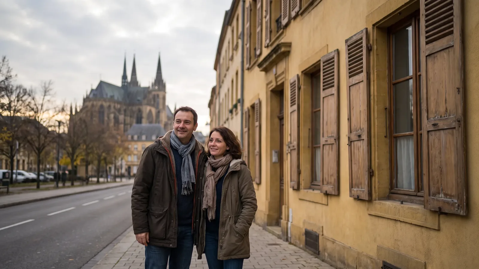 Rachat de crédits à Metz : couple de propriétaires devant leur logement, étude 100 % en ligne avec C-rédit