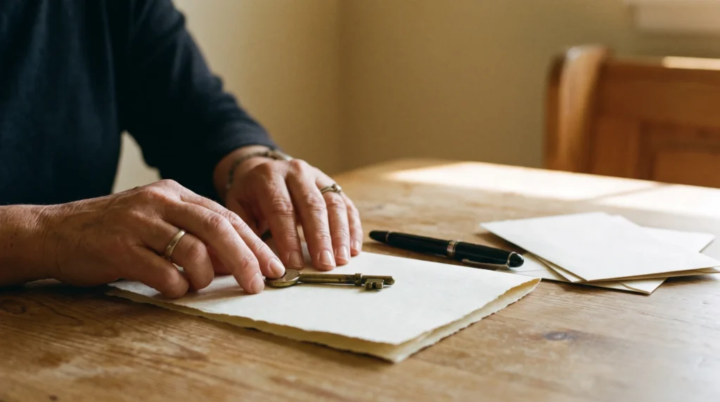 Clé de maison posée sur des documents à côté d’un stylo