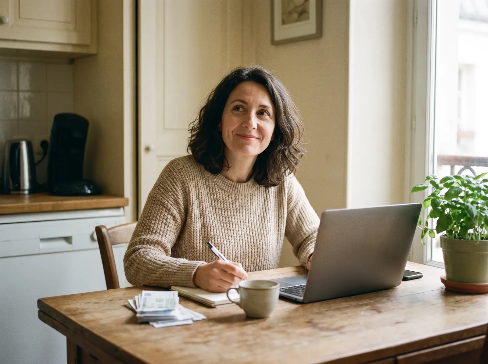 Femme préparant sa simulation de rachat de crédit à la table de sa cuisine, ordinateur portable et relevés sous les yeux