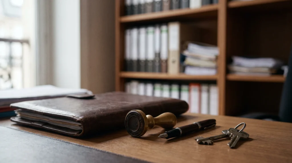 Bureau de notaire avec porte-documents, tampon officiel, stylo et clés de maison pour la signature d’un acte d’hypothèque