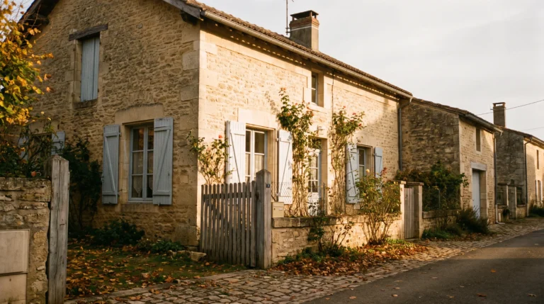 Maison de village en pierre aux volets bleus, un bien que son propriétaire peut hypothéquer pour obtenir de la trésorerie