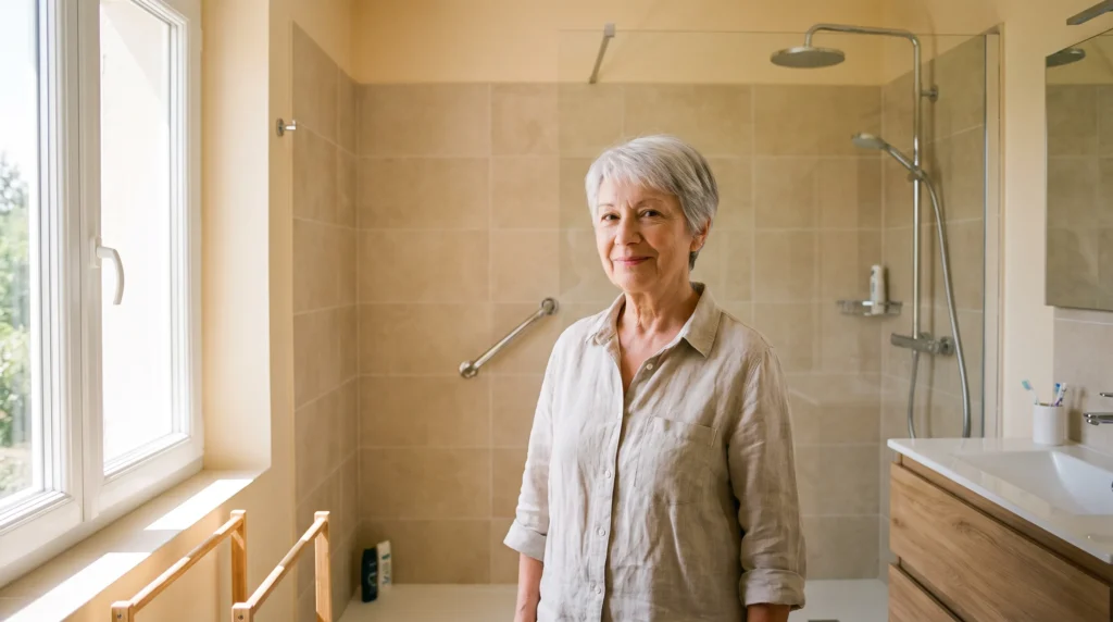 Retraitée souriante dans sa salle de bains adaptée avec douche de plain-pied financée par un prêt hypothécaire