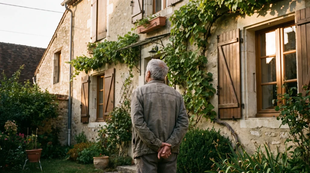 Propriétaire d'une soixantaine d'années, de dos, regardant la façade de sa maison en pierre