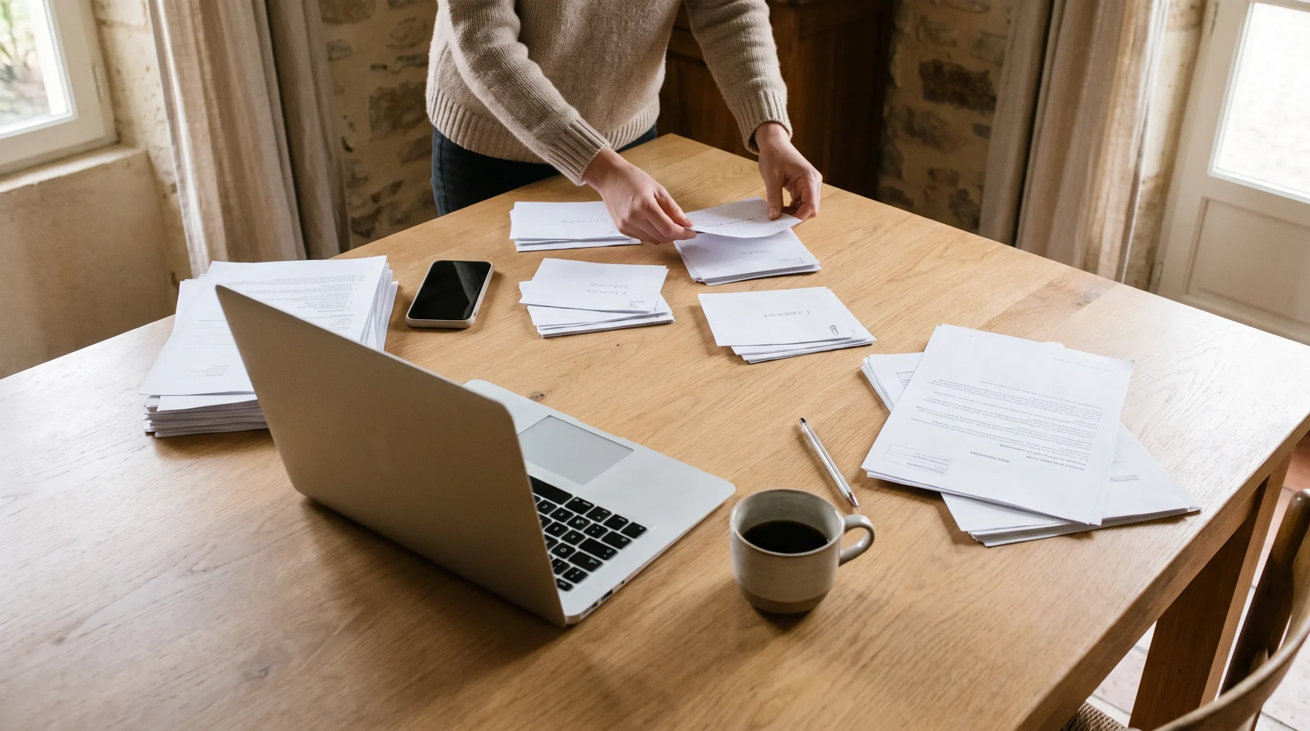 Mains triant des bulletins de salaire et relevés de compte sur une table en bois pour constituer un dossier de rachat de crédit