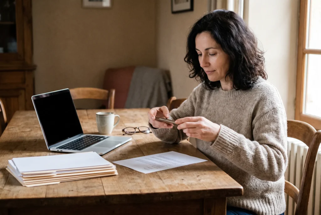 Femme de 45 ans photographiant un justificatif avec son smartphone pour envoyer son dossier de rachat de crédit en ligne
