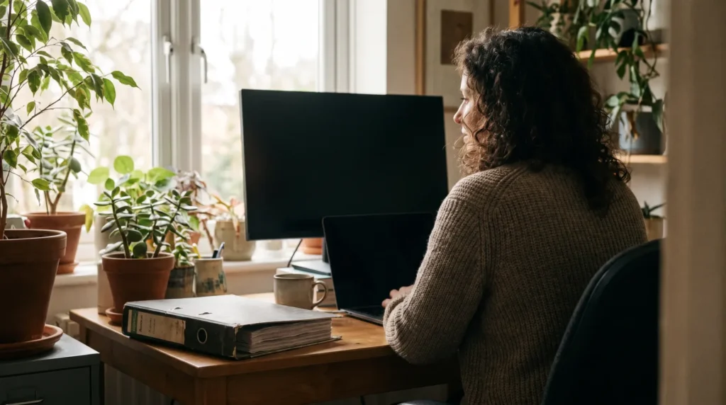 Graphiste indépendante travaillant à son bureau, classeur de comptabilité à portée de main