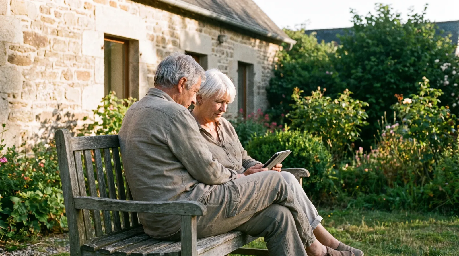 Rachat de crédit retraité et senior : couple de retraités consultant leur dossier sur une tablette dans le jardin