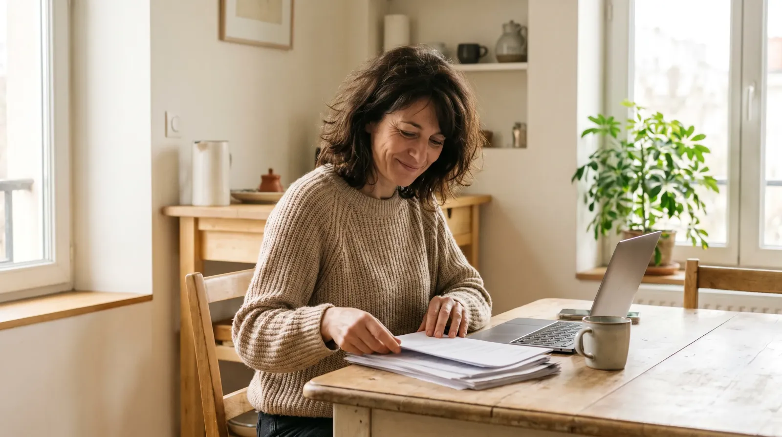 Restructuration de crédit : une femme trie ses relevés de prêts à la table de sa cuisine avant de regrouper ses crédits
