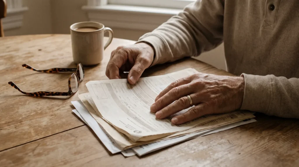 Retraité relisant les documents de son prêt hypothécaire sur une table en bois